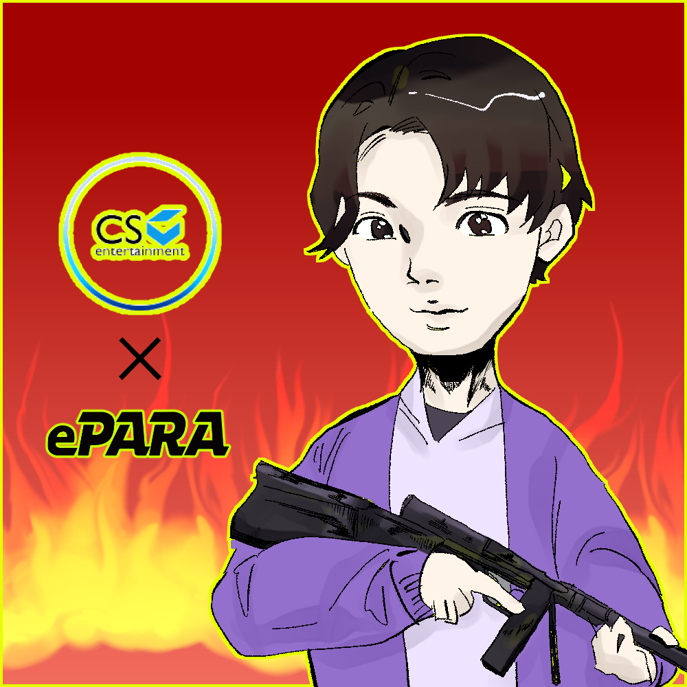 CS entertainment × ePARAのロゴと、銃を構えるパラeスポーツプレイヤージジのイラスト。