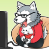 メガネをかけたゲームをプレイしている狼男と愛犬モカが描かれたまるぽすのアイコン