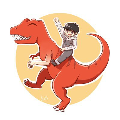 オレンジ色の恐竜に乗り、左腕を上げた少年が描かれたアイコン