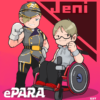車椅子に乗ったjeniとキャラクターのイラストロゴ