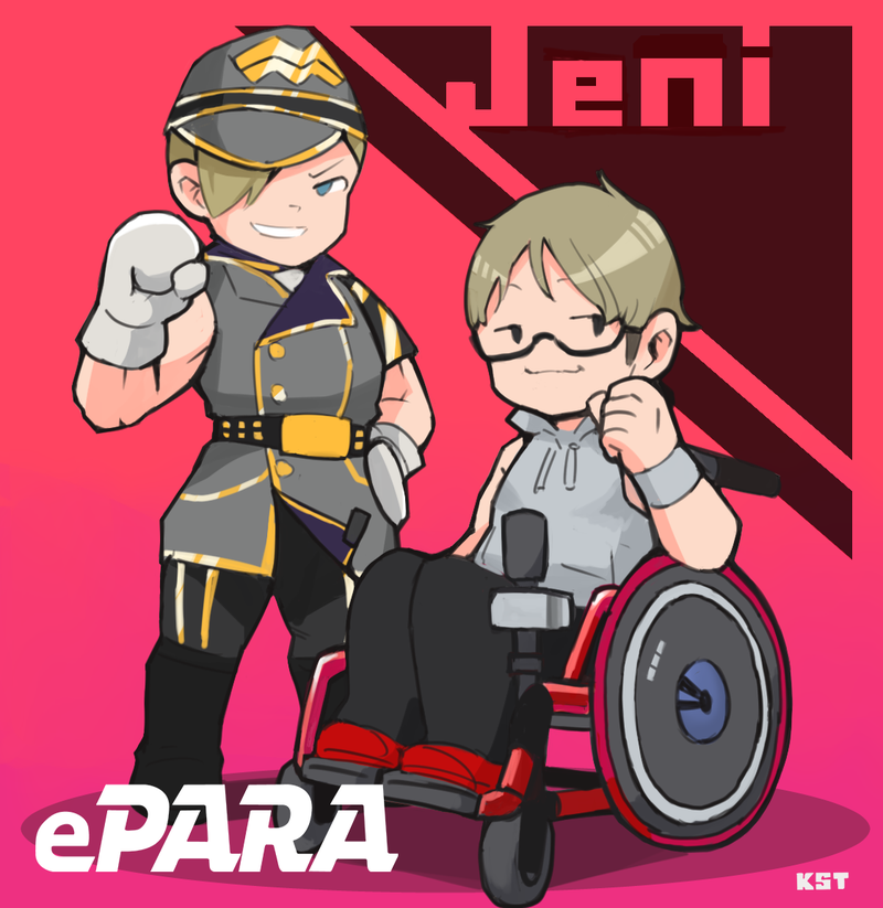 jeniという文字と車椅子に乗ったjeniの絵とゲームキャラクターがポーズをとっている
