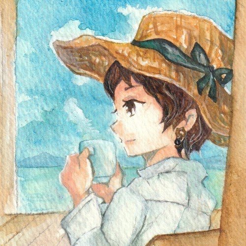 麦わら帽子を被った女性がカップを持ち海を見て佇んでいるアイコン