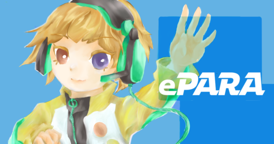 ヘッドホンを着け笑顔で左手を挙げた人のイラストと、ePARAのロゴ