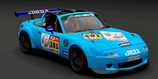 水色のボディにレーシングフォルティアやイーパラのロゴがあしらわれたスポーツカー。カーナンバーは291。