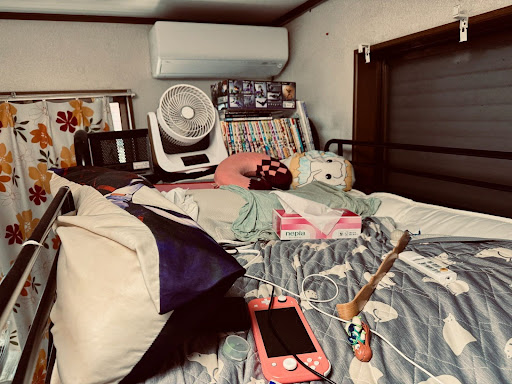 天井近くにあるベッドの上に、ピンク色のSwitch lightや孫の手、ティッシュなどが乱雑に置かれており、枕元にはぬいぐるみ、扇風機、漫画本が並べてある。