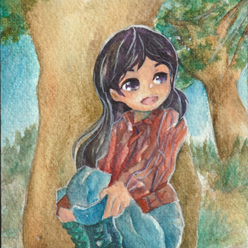 髪の長い女性が森林を背景ににこやかに佇んでいるアイコン