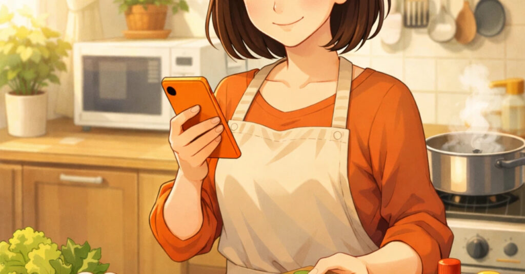 ショートボブの若い女性がエプロンを着けて台所に立ち、ほほ笑みながらスマートフォンを操作しているイラスト
