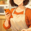 ショートボブの若い女性がエプロンを着けて台所に立ち、ほほ笑みながらスマートフォンを操作しているイラスト